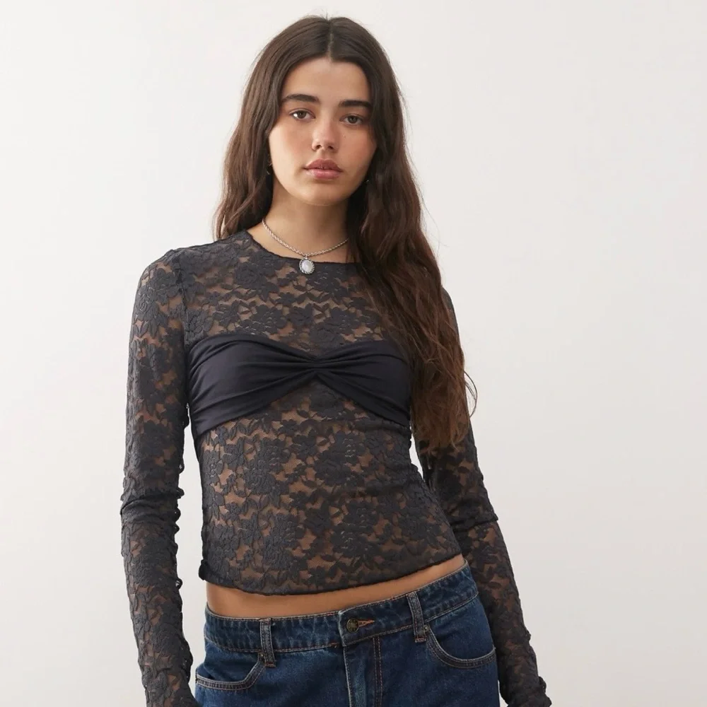 Lioness Midnight long sleeve sheer lace top in black - Picture 4 of 7